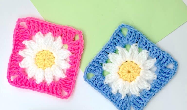 Crochet Daisy Granny Squares on a green background.