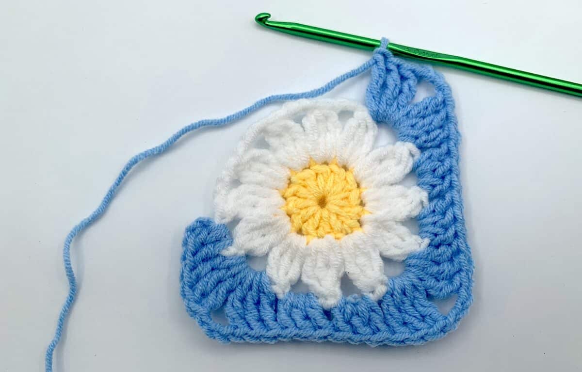 Round 3 - Step 10 A crocheted daisy with a crochet hook.