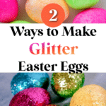 colorful, glitter-coated Easter eggs against a grey background with Pinterest text overlay