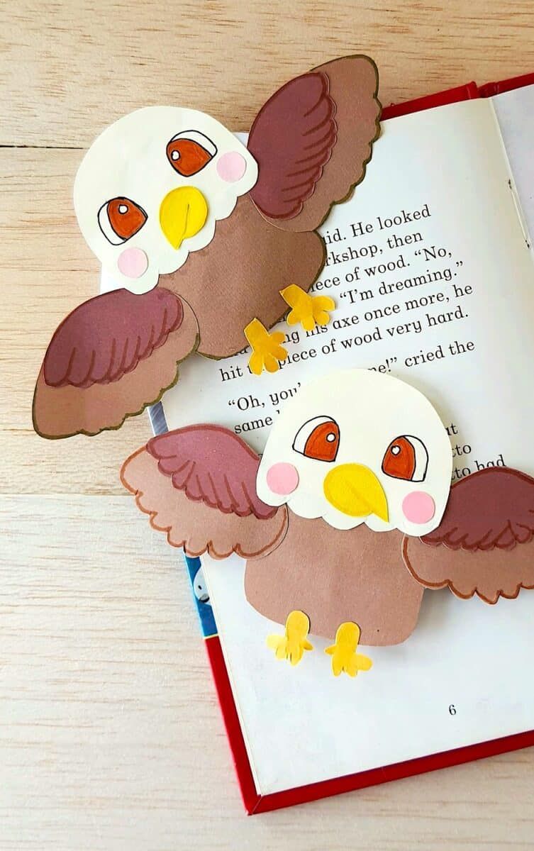 Bald Eagle bookmarks placed on the pages of a book.