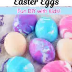 Colorful dyed Cool Whip eggs with text overlay describing them as "cool whip easter eggs - fun diy with kids!