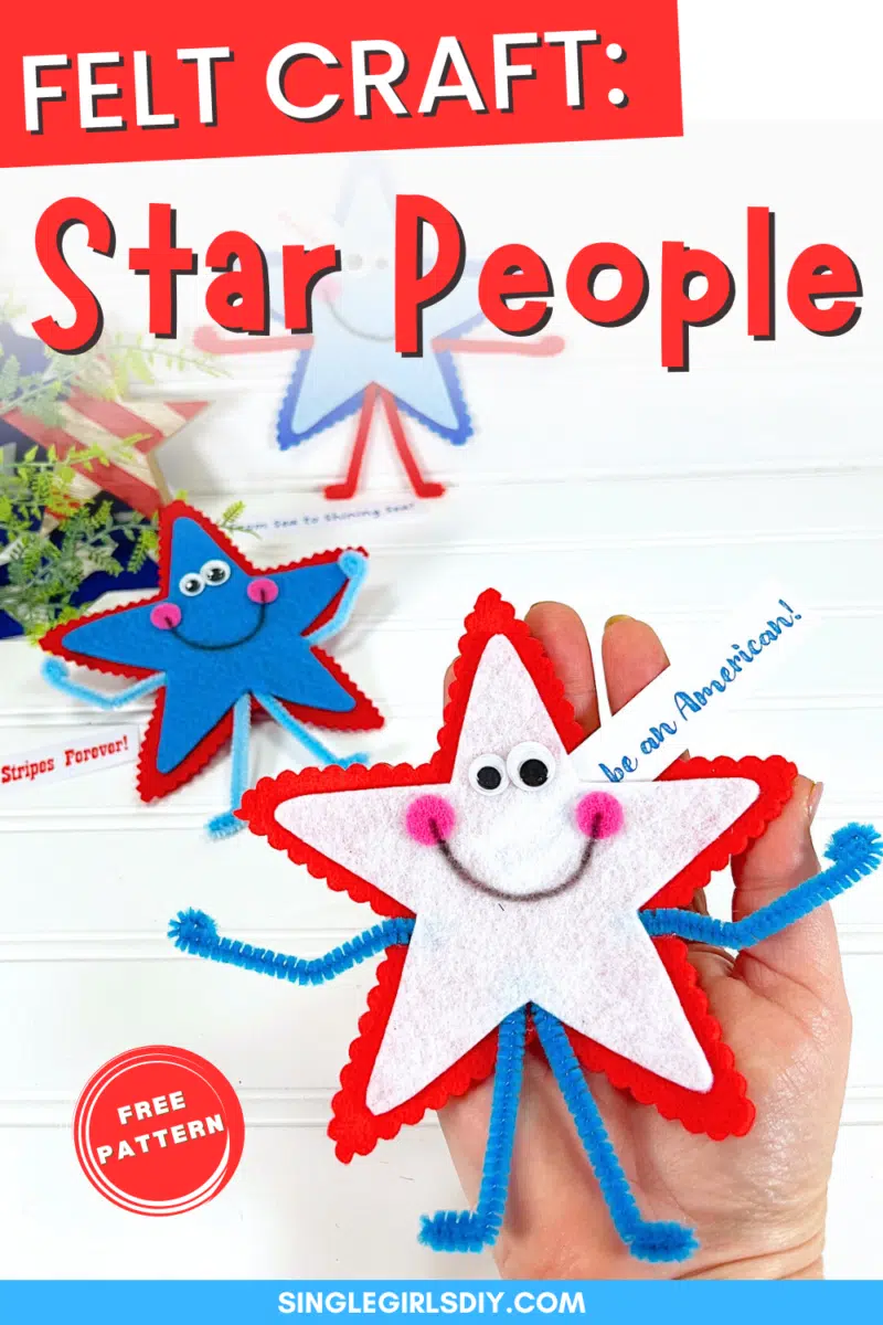 Colorful felt craft stars with pipe cleaner arms and legs, and a patriotic theme.