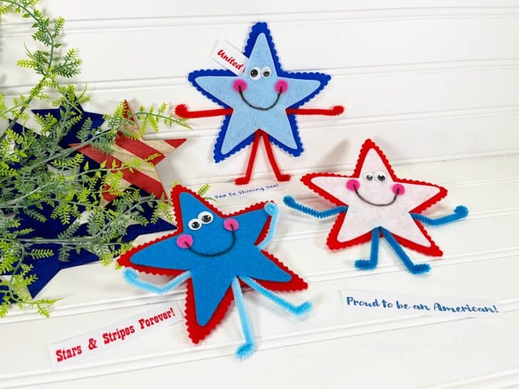 Felt Star People Handmade star-shaped crafts with smiley faces and patriotic slogans displayed on a white background.