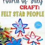 Colorful felt star-shaped crafts with smiling faces to celebrate the fourth of july, with a link to a free pattern.