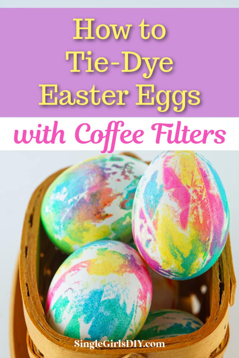 Colorful tie-dye Easter eggs in a basket, created with coffee filters.