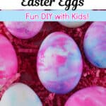 Colorful shaving cream dyed Easter eggs with a DIY activity headline for crafting with children.