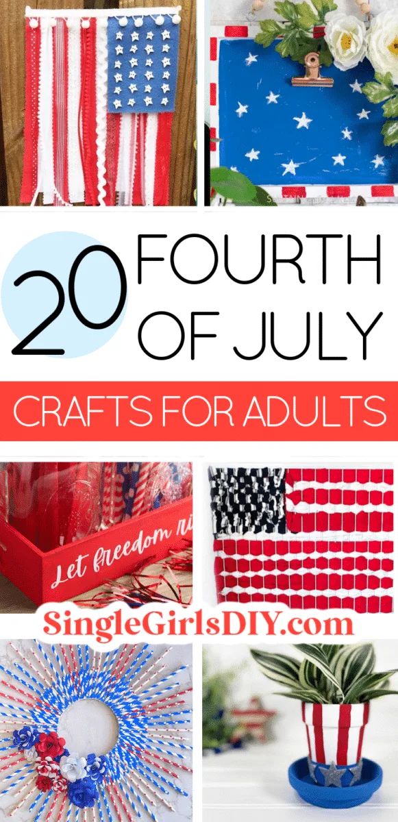 A collage showcasing various Fourth of July crafts for adults.