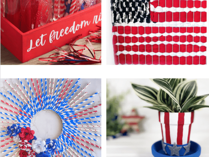 A collage of four images featuring Fourth of July crafts in red, white, and blue, representing American symbolism.