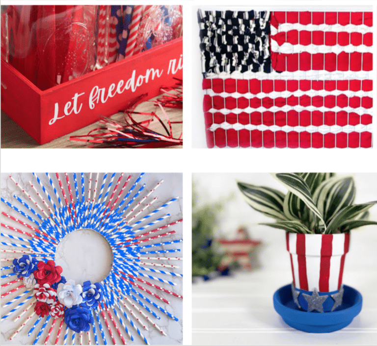 A collage of four images featuring Fourth of July crafts in red, white, and blue, representing American symbolism.