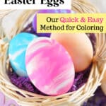 Colorful Cool Whip dyed Easter eggs in a basket with a caption about a quick and easy egg coloring method.