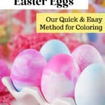 Colorful dyed Easter eggs displayed in a festive setting with a guide to quick and easy shaving cream coloring methods.