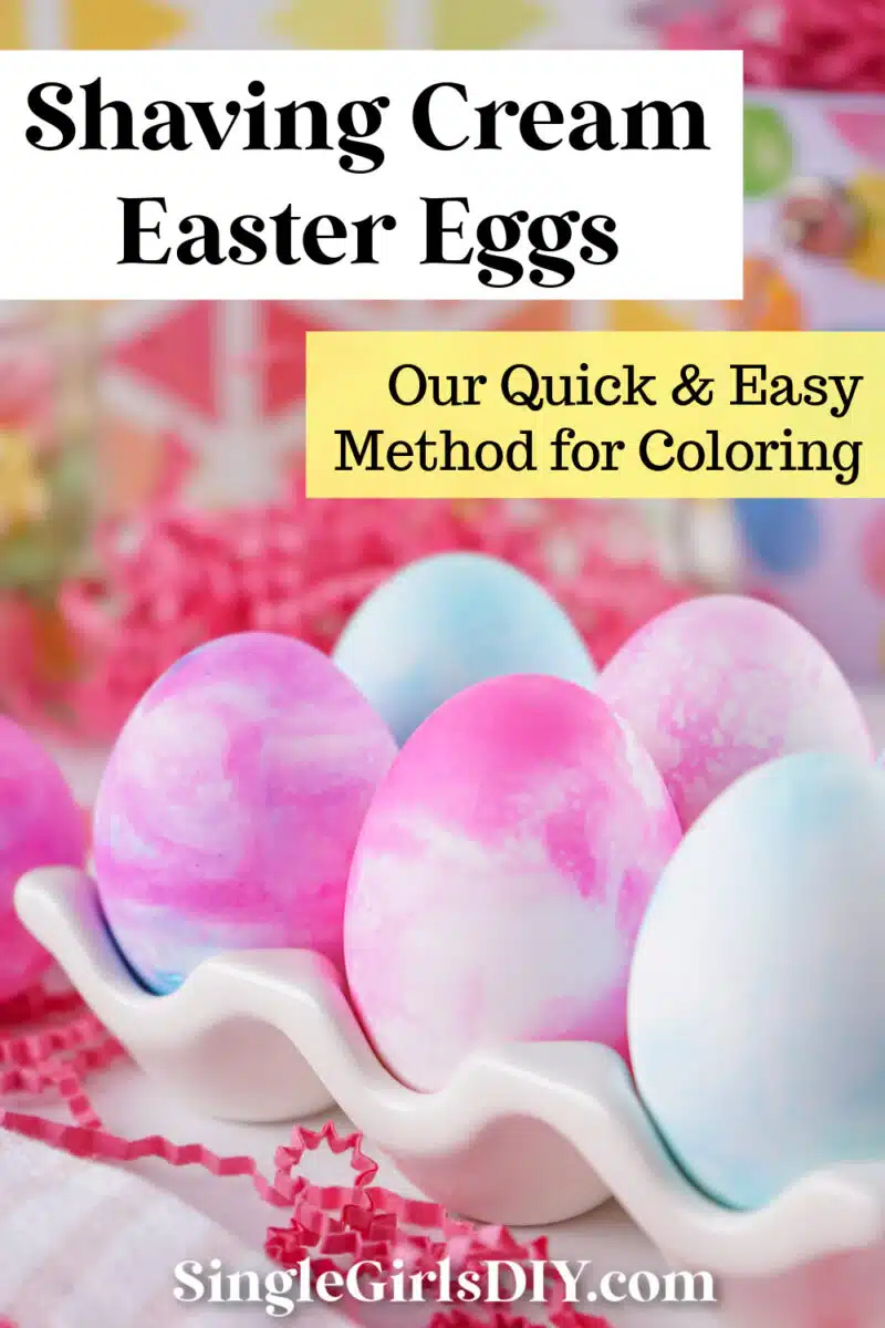 Colorful dyed Easter eggs displayed in a festive setting with a guide to quick and easy shaving cream coloring methods.