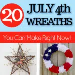 Collage of various Fourth of July wreaths with patriotic themes, including ribbons and stars, alongside a promotional text for a DIY website.