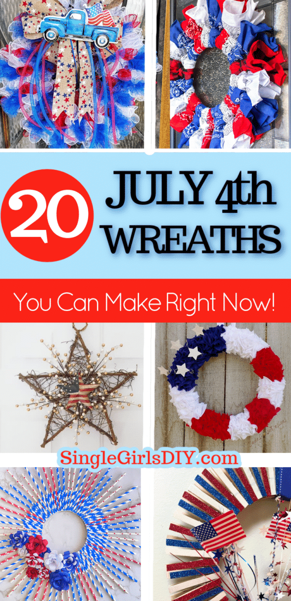 Collage of various Fourth of July wreaths with patriotic themes, including ribbons and stars, alongside a promotional text for a DIY website.