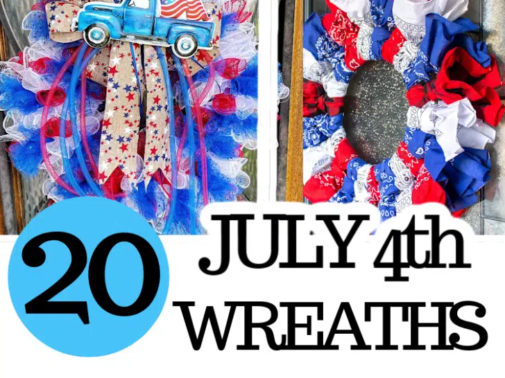 Two Fourth of July wreaths: one shaped like the U.S. with a car and flag design and the other featuring a bow and stars with red, white, and blue ribbons.