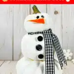 A pumpkin snowman made from white pumpkins with button eyes, a carrot nose, and a checkered scarf, set against a wooden background. The image text reads: "Fall → Winter Transitional Decor" and "SingleGirlsDIY.com.