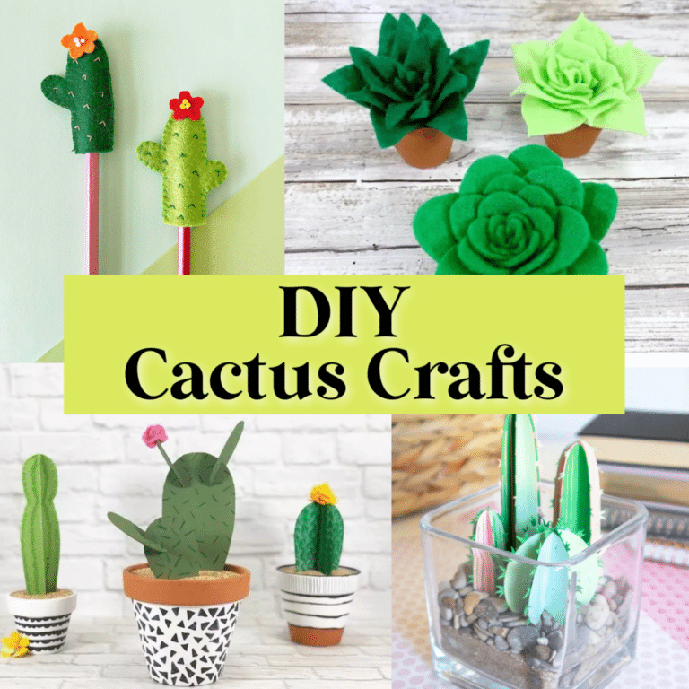 A collage showcasing various creative cactus crafts, including cactus pens, potted felt cacti, a fabric cactus in a glass container, and another in a patterned pot, with the text "DIY Cactus Crafts" in the center.