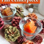 Two candles in glass holders surrounded by colorful pine cones are displayed on a table with text "Easy Fall Centerpiece" and "SingleGirlsDIY.com" at the top, making for an inviting fall centerpiece.