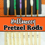 Six Halloween pretzel rods decorated as mummies, Frankenstein, and ghosts are displayed on a black tray and a white surface. Text overlay reads "Halloween Pretzel Rods.