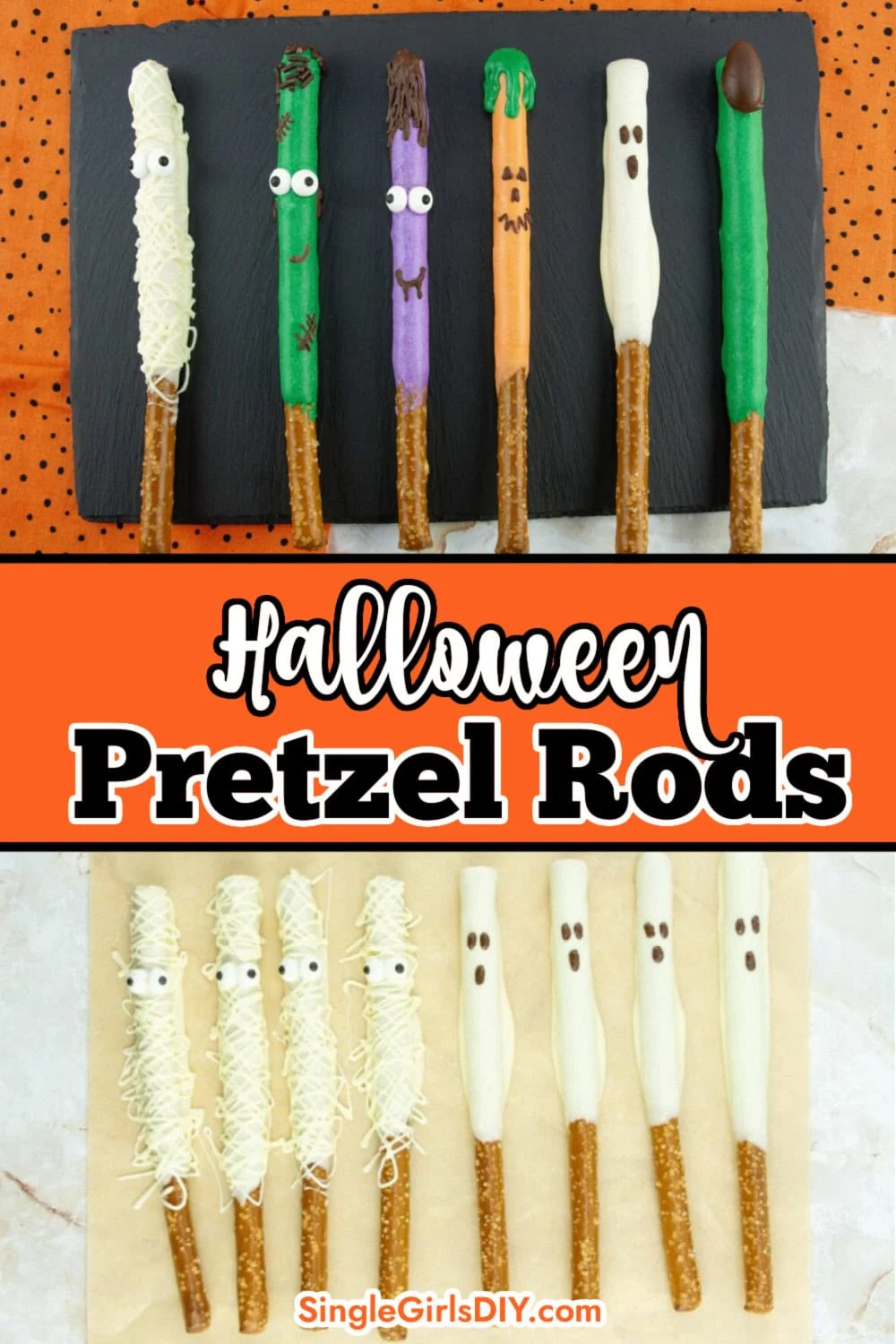 Six Halloween pretzel rods decorated as mummies, Frankenstein, and ghosts are displayed on a black tray and a white surface. Text overlay reads "Halloween Pretzel Rods.