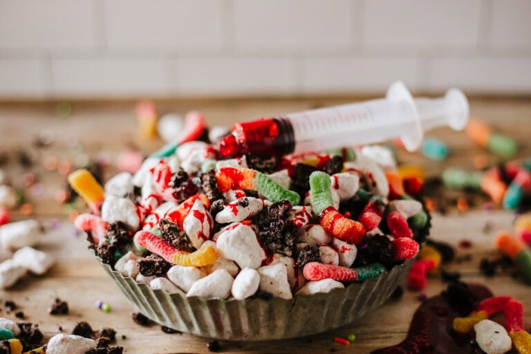 Graveyard Muddy Buddies Recipe with Bloody Syringe Drizzle