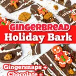 Pieces of gingerbread bark with gingerbread cookies, sprinkles, and drizzled white chocolate rest on a white surface. Text reads: "Gingerbread Holiday Bark" and "Gingersnaps + Chocolate + Sprinkles.