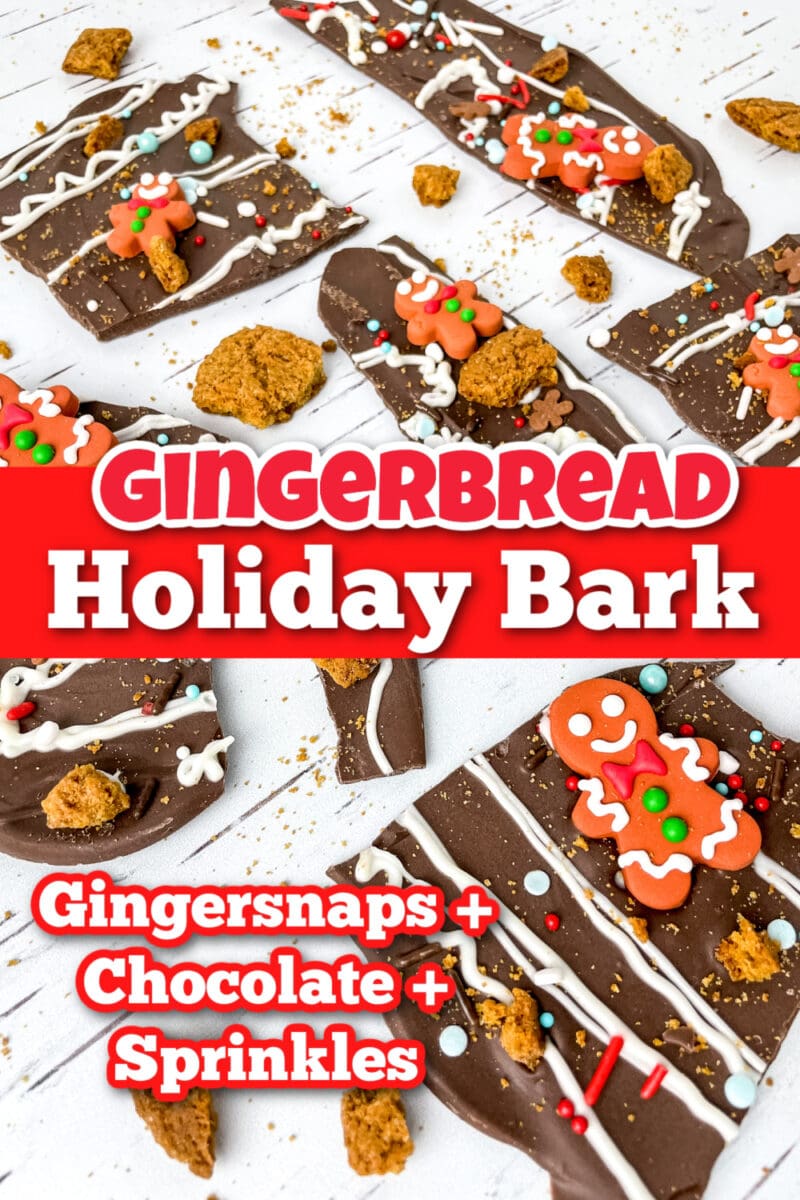 Pieces of gingerbread bark with gingerbread cookies, sprinkles, and drizzled white chocolate rest on a white surface. Text reads: "Gingerbread Holiday Bark" and "Gingersnaps + Chocolate + Sprinkles.