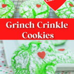 Green crinkle cookies topped with red heart sprinkles rest on a cooling rack atop a polka dot tablecloth. The text declares "Made with Cake Mix!" signaling these delightful treats as "Grinch Crinkle Cookies.