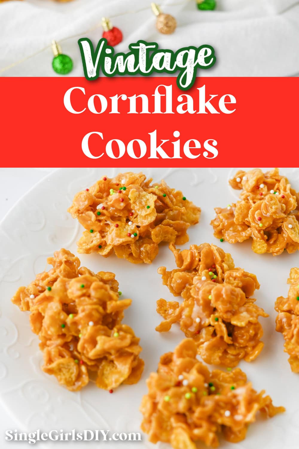 A plate of cornflake cookies topped with small colorful sprinkles. A red banner reads "Vintage Cornflake Cookies.