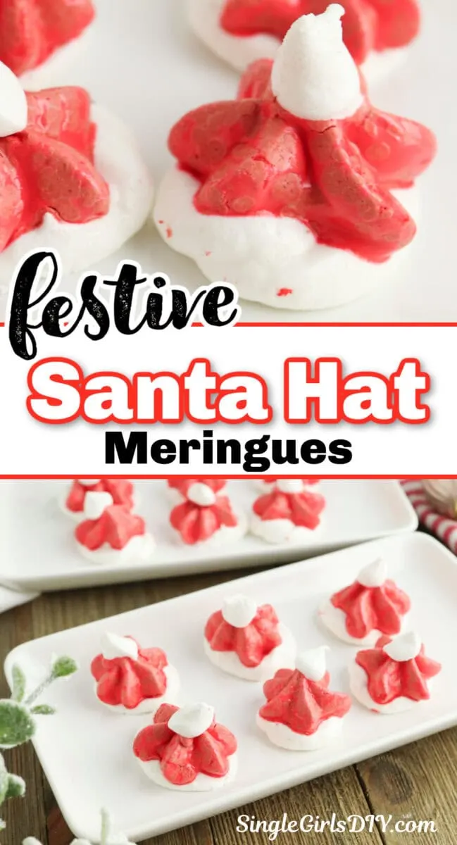 Red and white meringues shaped like Santa hats are displayed on a white plate. Text overlay reads, "Festive Santa Hat Meringues.