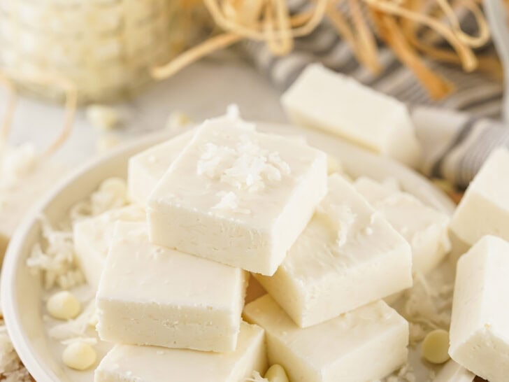 A plate of creamy white coconut fudge stacked with some shavings on top, surrounded by more shavings and partially visible decorations in the background.