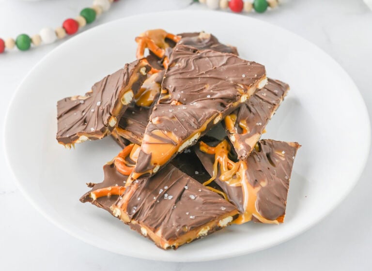 A plate of chocolate caramel bark with a sprinkle of sea salt on top.