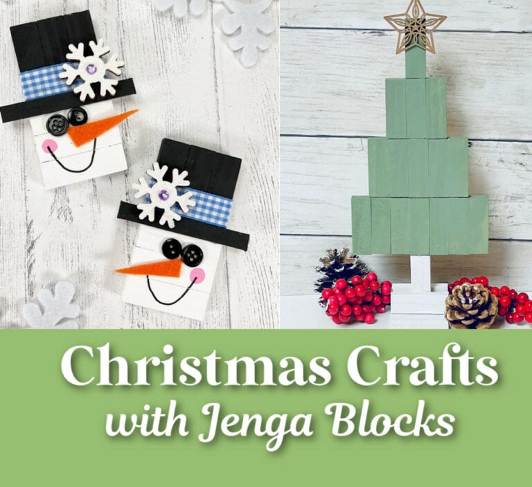 two wooden snowmen and a Christmas tree crowned with a star, all set against a white and green backdrop.