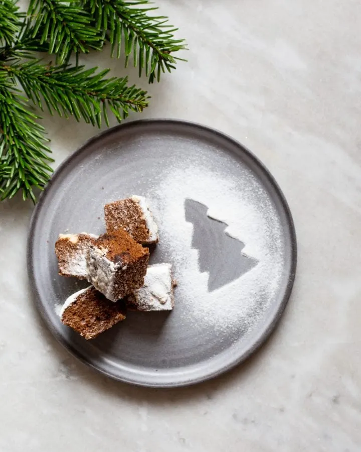 Brownies on a plate with powdered sugar and a Christmas tree design evoke the warmth of homemade fudge recipes. Pine branches grace the upper left corner.