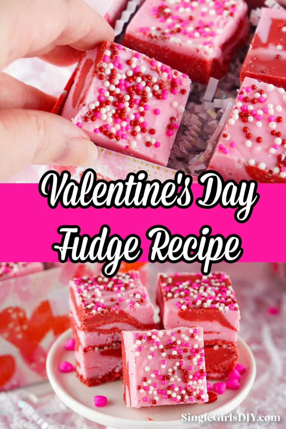 A hand delicately holds a piece of Valentine fudge, its pink and red squares adorned with festive sprinkles, hovering above a plate brimming with these sweet treats.