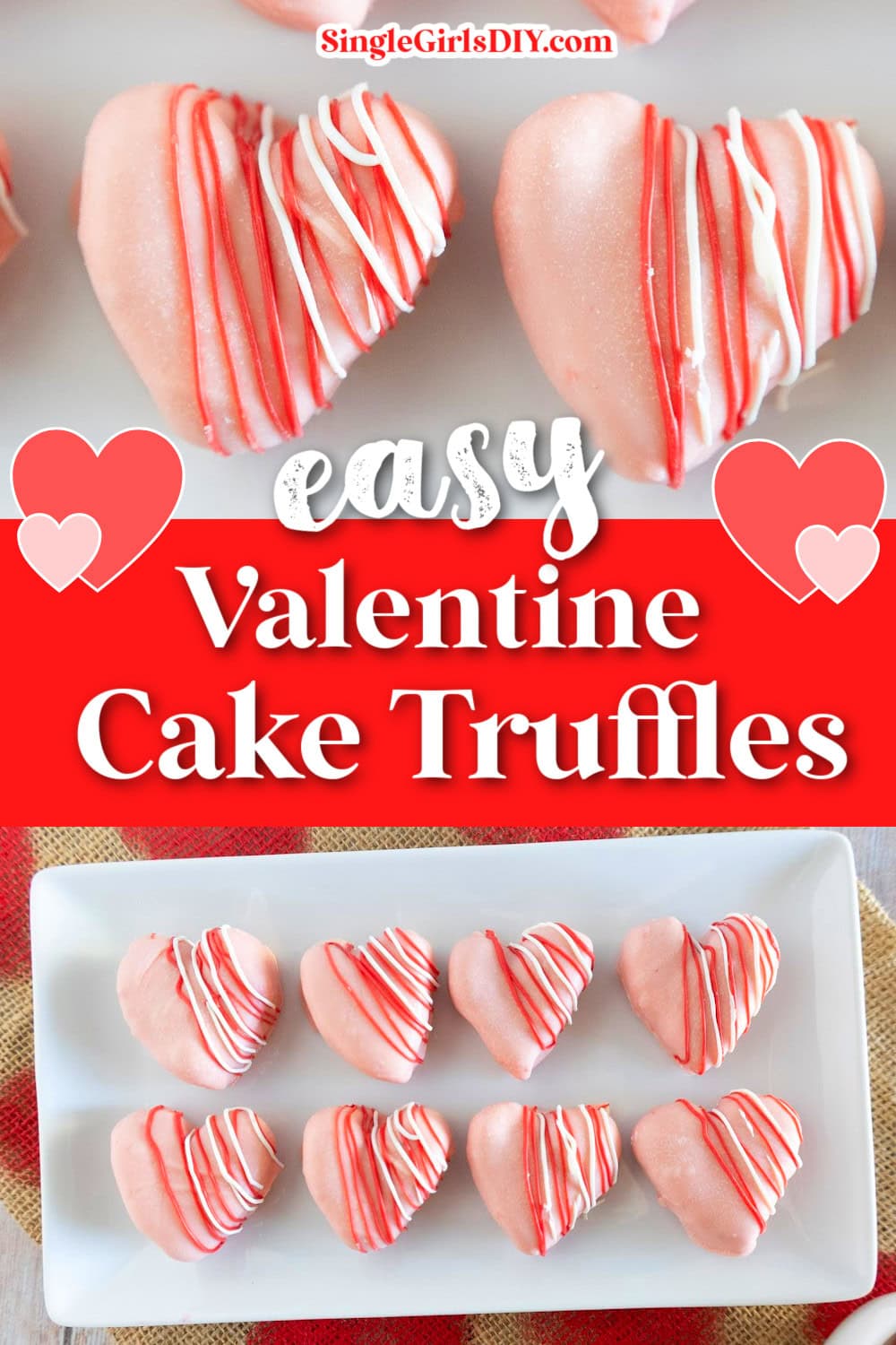 Heart-shaped Valentine cake truffles with white and red icing sit elegantly on a plate, accompanied by the inviting text "Easy Valentine Cake Truffles.