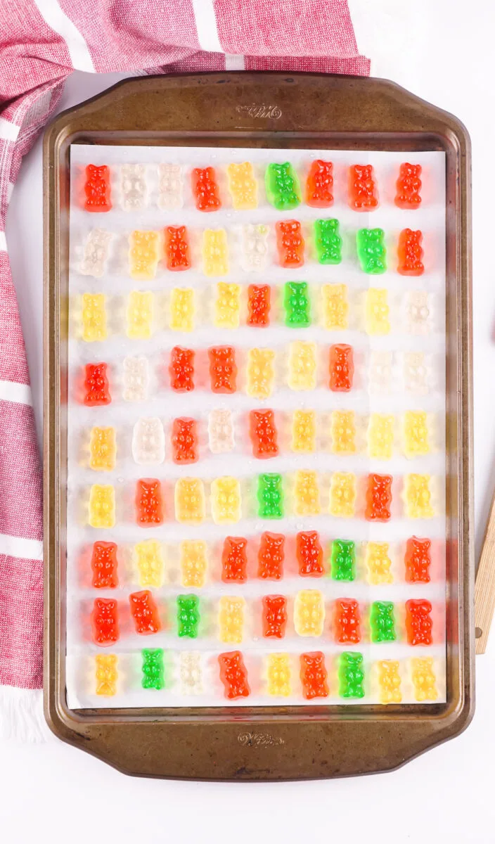 A baking sheet filled with rows of colorful gummy bears on parchment paper, next to a red and white striped towel.