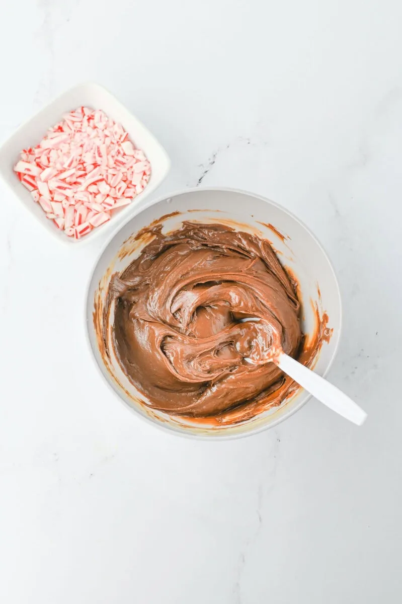 A bowl of chocolate frosting with a white spatula next to a small bowl of crushed peppermint pieces on a white surface.