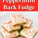 A plate brimming with peppermint bark fudge delights, each piece topped with crushed candy canes.