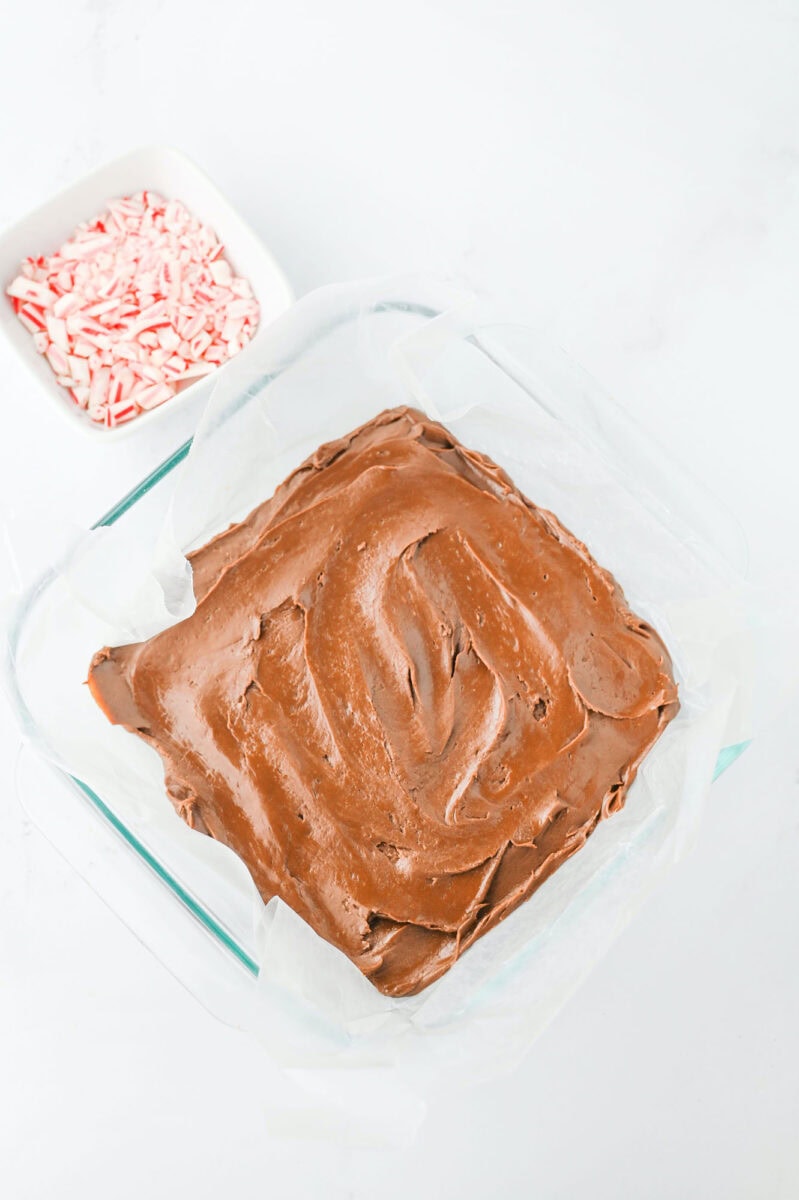 A square glass dish with chocolate fudge topped with swirls, next to a small bowl of crushed peppermint candies.