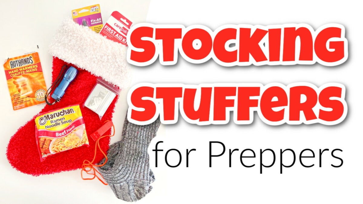 Red stocking with prepper items like hand warmers, emergency blanket, flashlight, noodles, socks, and first aid. Text reads "Stocking Stuffers for Preppers.