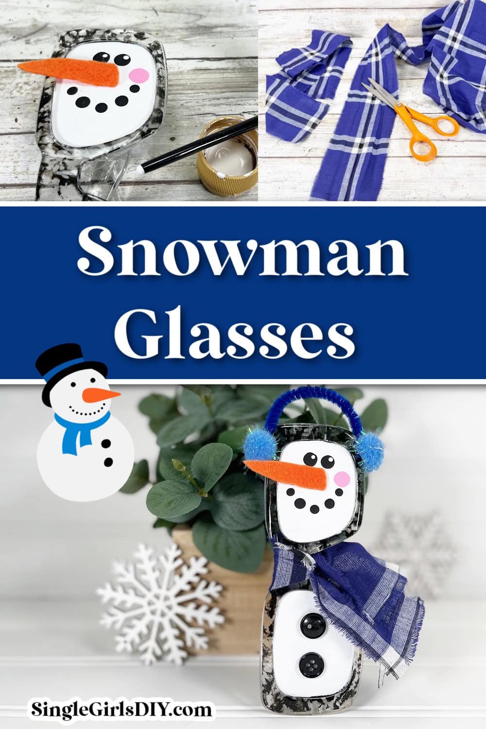 Create delightful snowman glasses with this DIY project using jars, fabric, and pom-poms. Featuring essential materials like scissors and plaid cloth, follow the steps to craft charming snowman faces on stacked jars, perfect for festive flair in any home.