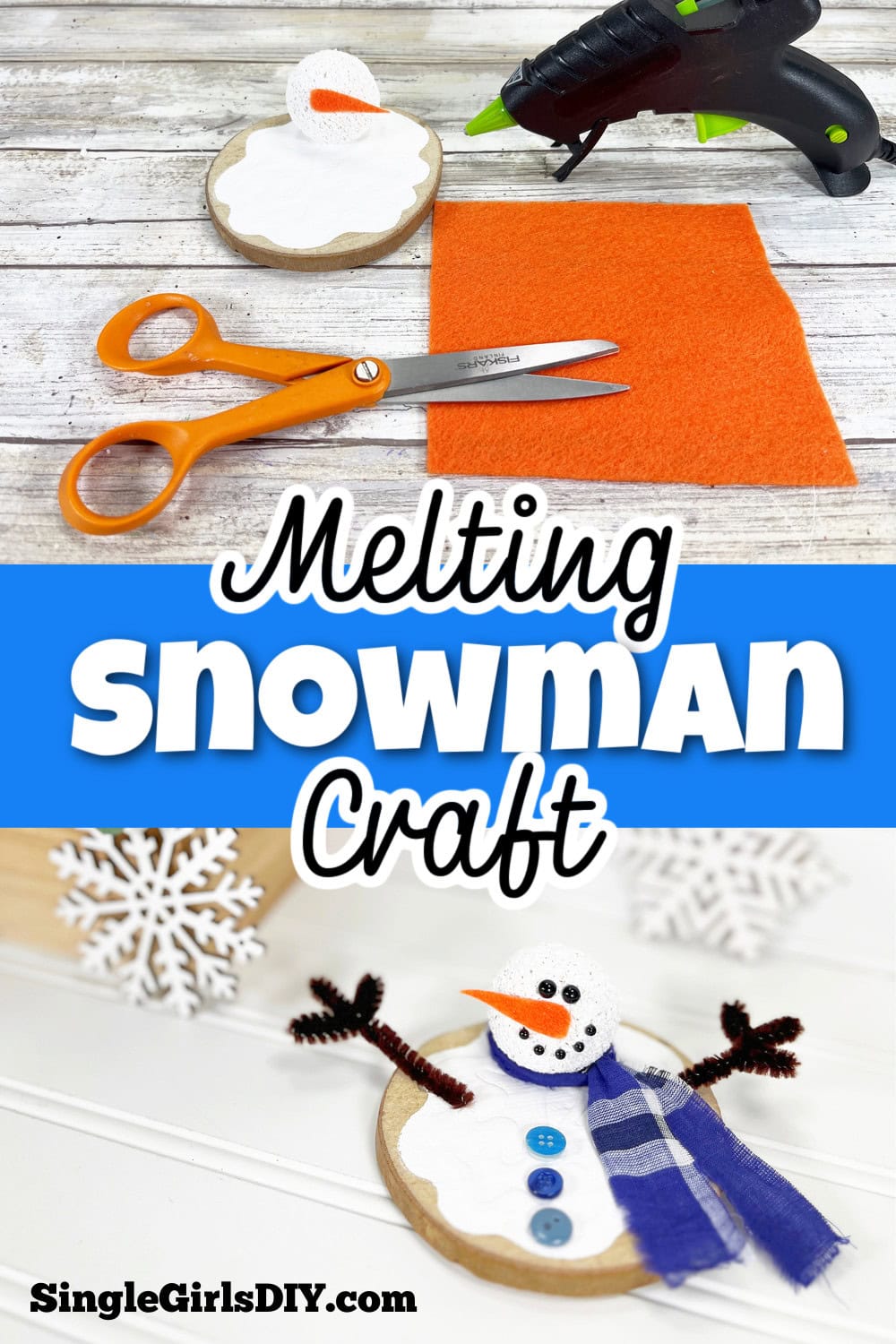 Materials and tools for a melting snowman craft are shown, including scissors, felt, and glue. The completed melting snowman craft with a scarf and buttons is displayed below.