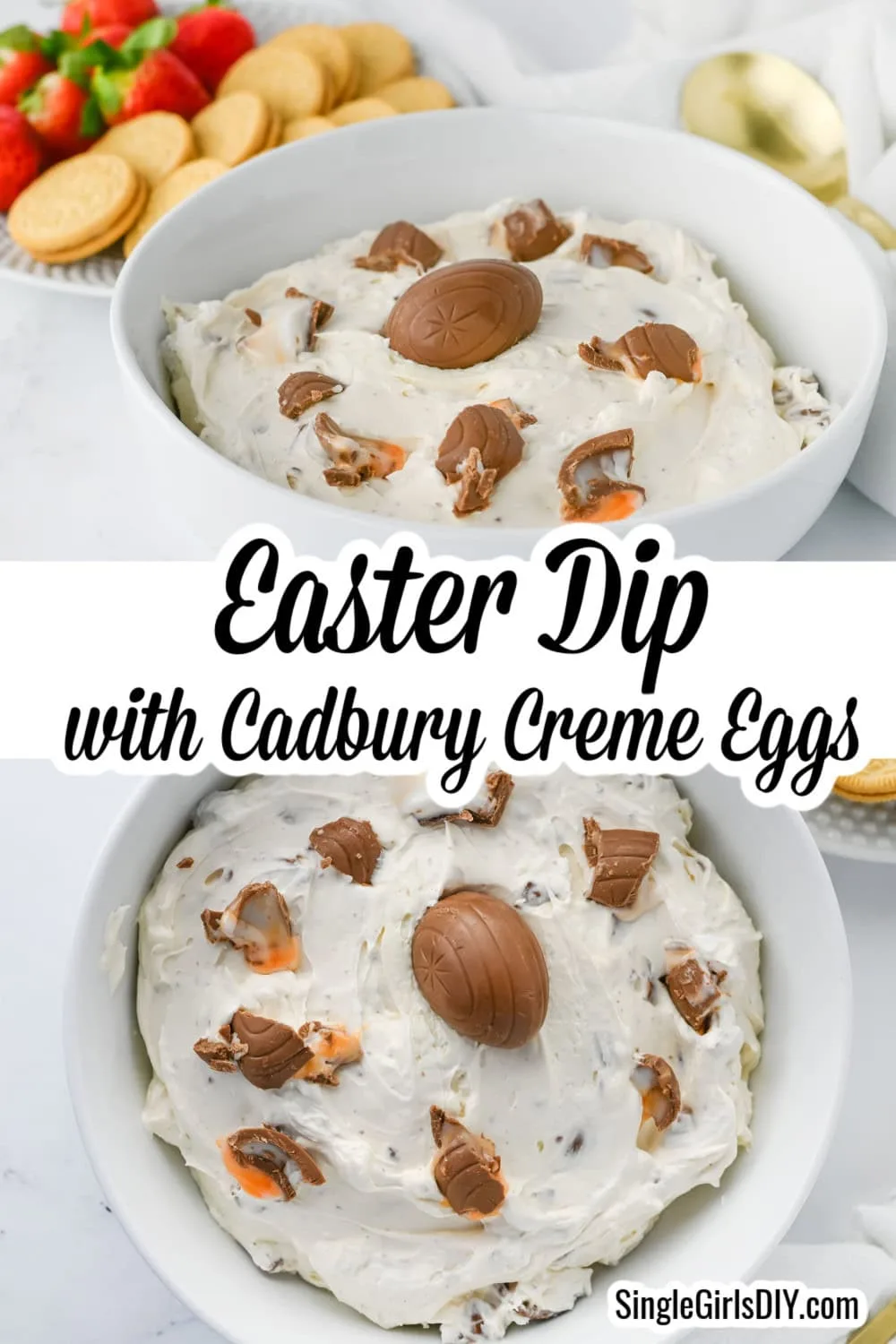 Bowl of Easter dip with Cadbury Creme Eggs on top, surrounded by sliced strawberries and cookies.