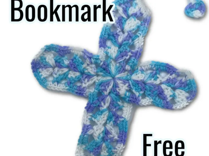 Crochet cross bookmark in blue, teal, and white yarn. Text: 