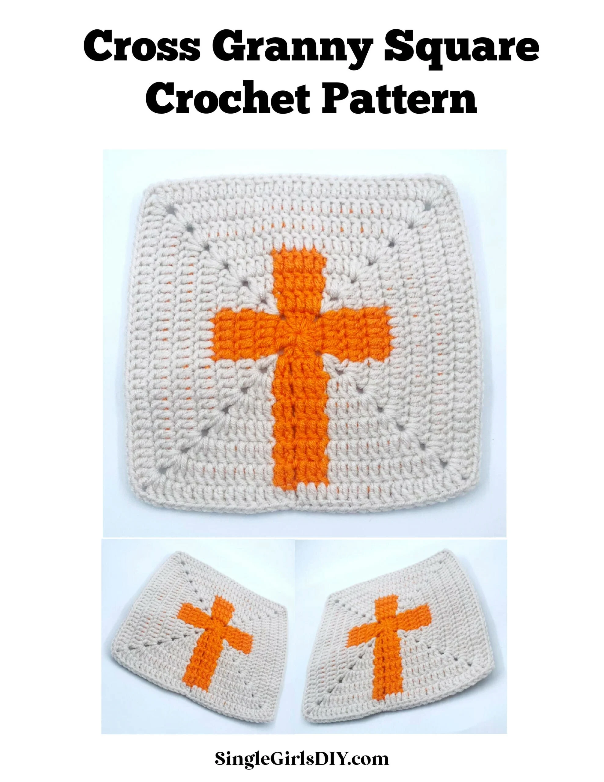 This cross granny square pattern showcases an orange cross on a pristine white background, perfect for adding a touch of warmth and charm to your crochet projects.