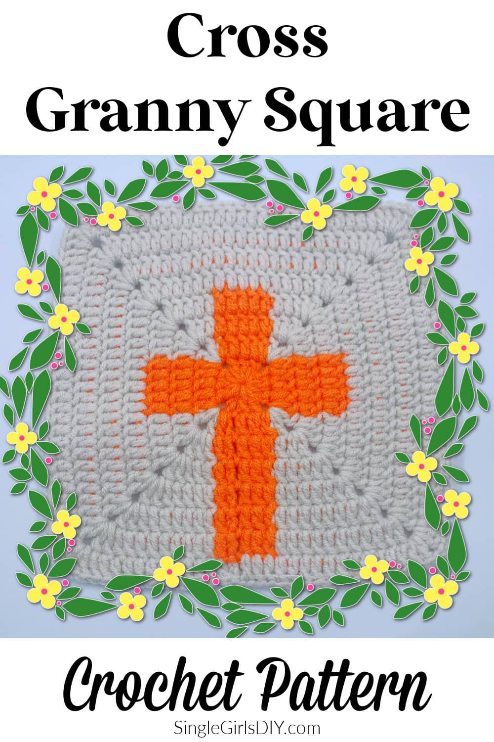 Crochet pattern featuring an orange cross on a square background, reminiscent of a cross granny square, surrounded by a floral border with green leaves and yellow flowers.