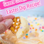 Close-up of a pretzel being dipped into a sweet Easter dip made with cream cheese and colorful sprinkles. Text overlay reads "Make in 15 Minutes! Sweet Cream Cheese Easter Dip Recipe!.