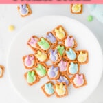 A plate of Easter Bunny Pretzel Treats is adorned with pastel-colored candy bunnies and rich chocolate. Surrounded by more pastel candies, a text overlay reads: "Easter Bunny Pretzel Treats: Quick ~ Easy ~ Delicious.