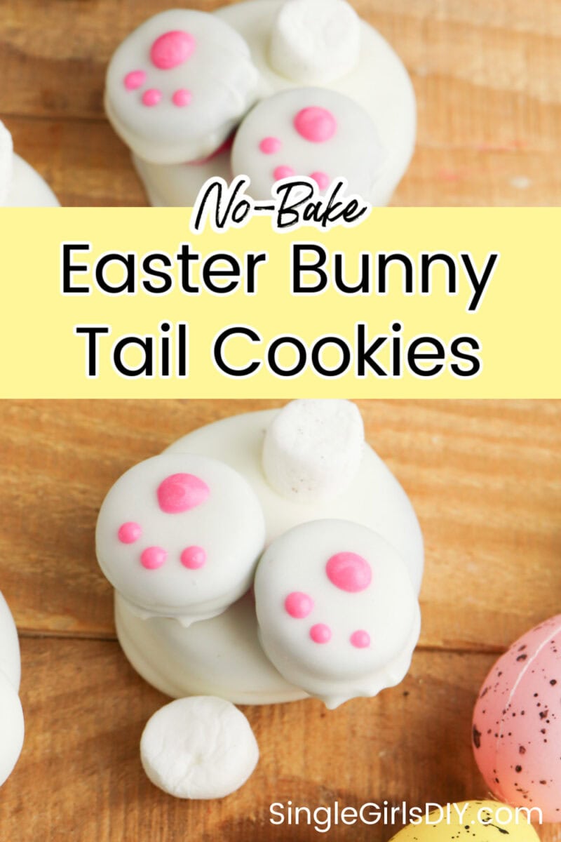 Easter bunny tail cookies adorned with pink paw prints, fluffy marshmallows, and a charming pink speckled egg lay elegantly on a wooden surface. Text overlay: "No-Bake Easter Bunny Tail Cookies, SingleGirlsDIY.com".